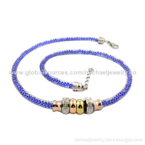 Stainless steel necklaces with interval of IP gold and rose gold plating, with blue crystals